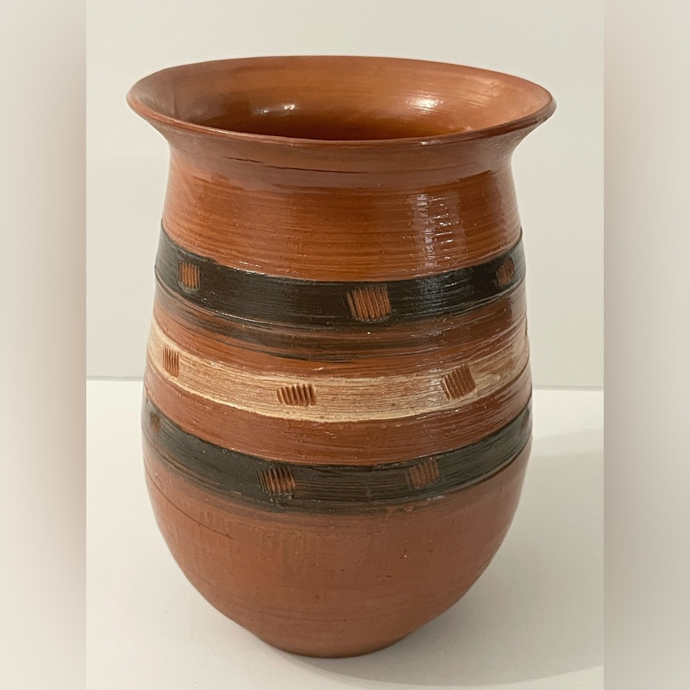 Vintage Artist Signed Pottery Vase w/ Stripe Design 6” H x 4” Diameter